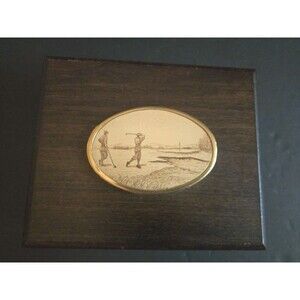 Vintage Barlow Wood Scrimshaw Golfer Box For Knives, Jewelry Etc